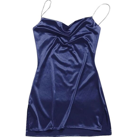 Small Satin Sleeveless Mini Dress with side slit. - Picture 4 of 5